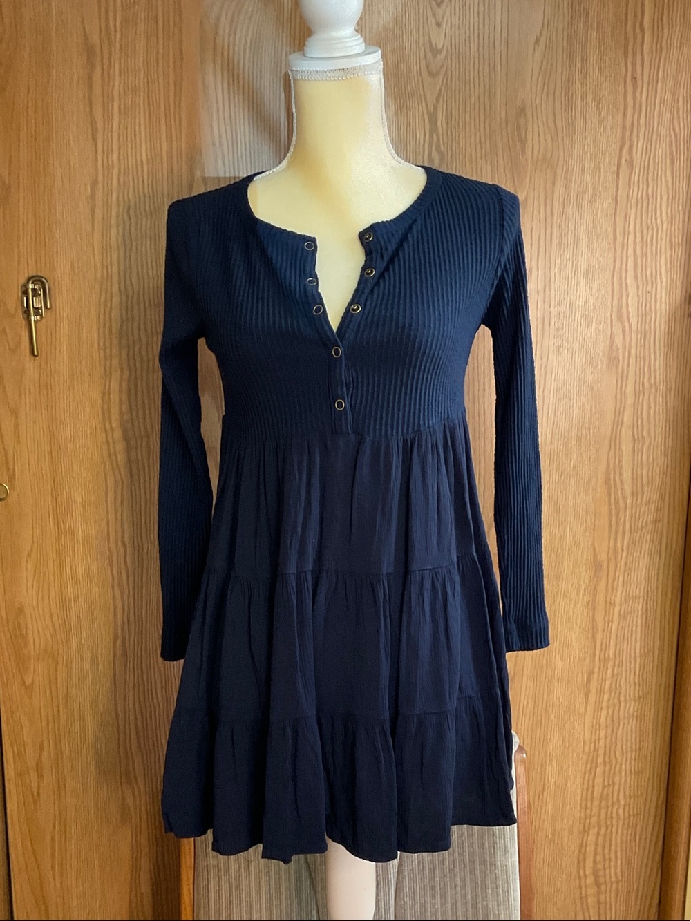 Long-Sleeve Navy Ribbed Henley Tiered Dress